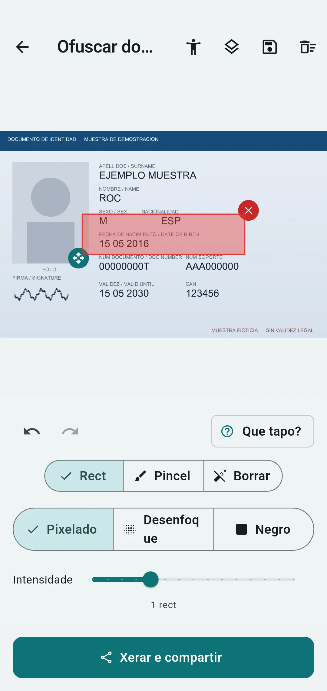 Editor de Ofuska co número de documento e o CAN do DNI tapados con barras negras