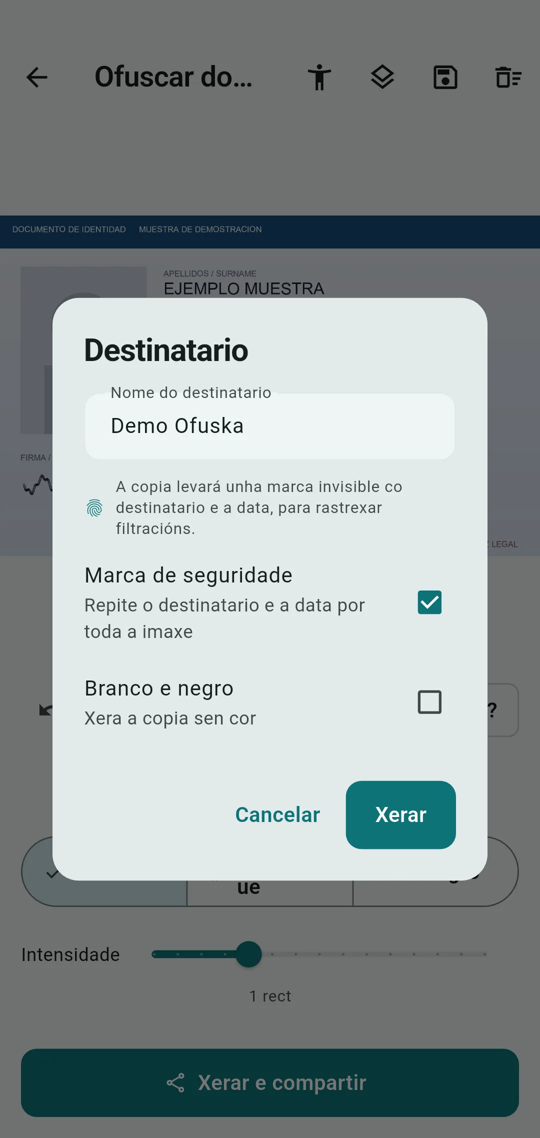 Copia de DNI marcada co nome dunha entidade para unha verificación KYC