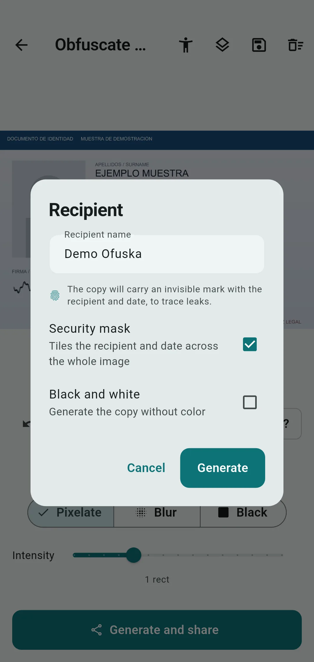 Redacted DNI copy with a security mosaic for a hotel