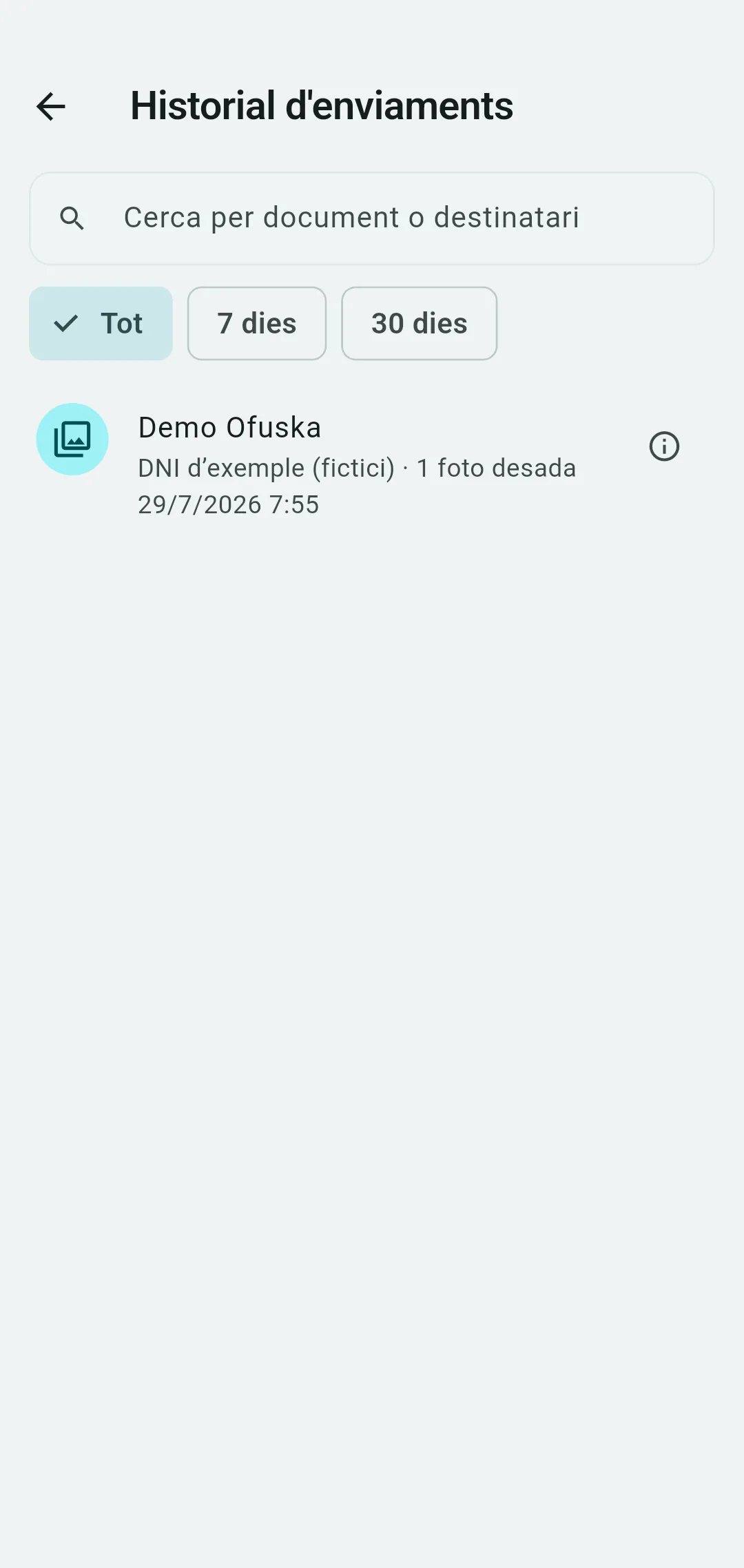 Historial d'enviaments d'Ofuska amb les còpies arxivades per destinatari