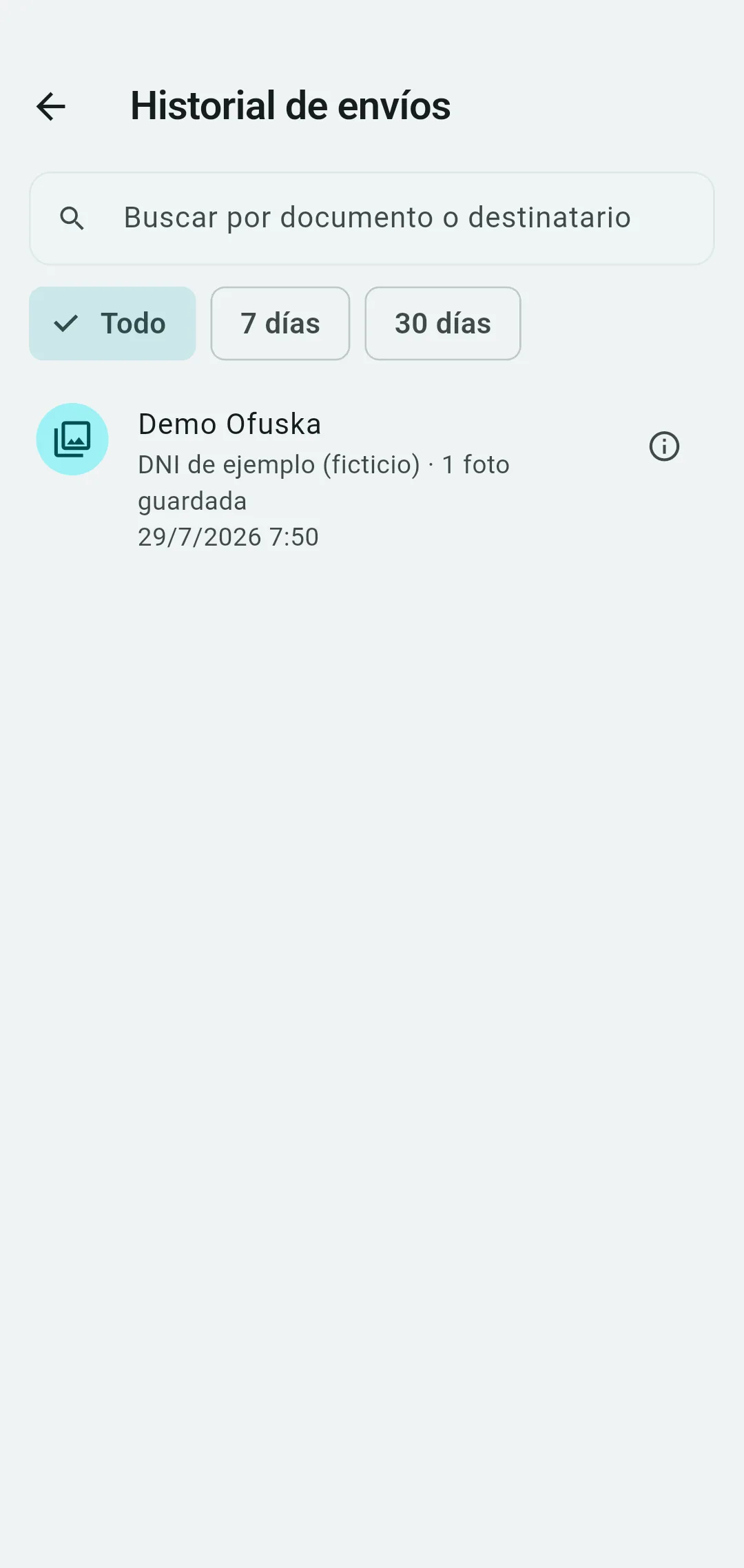 Historial de envíos de Ofuska con las copias archivadas por destinatario