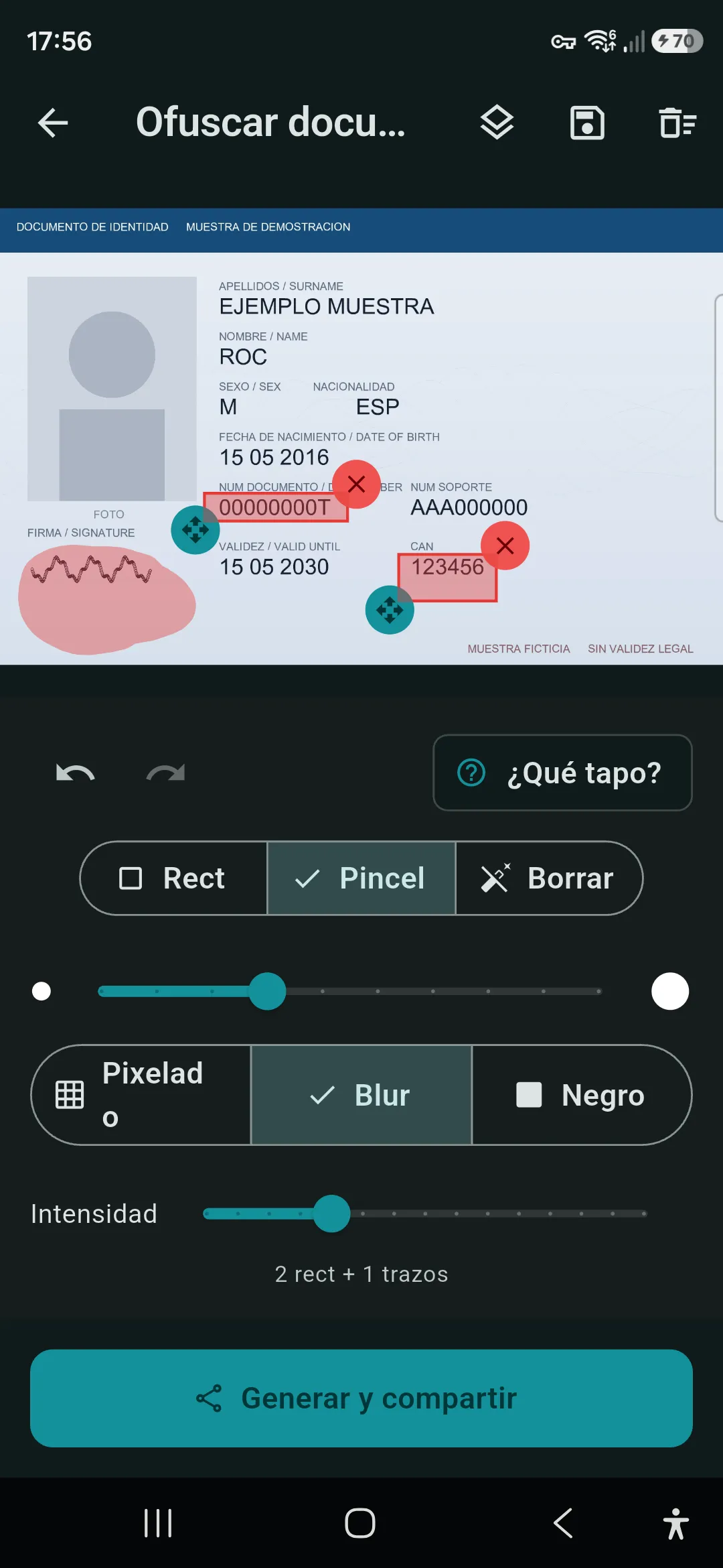 Editor de Ofuska con zonas del DNI pixeladas