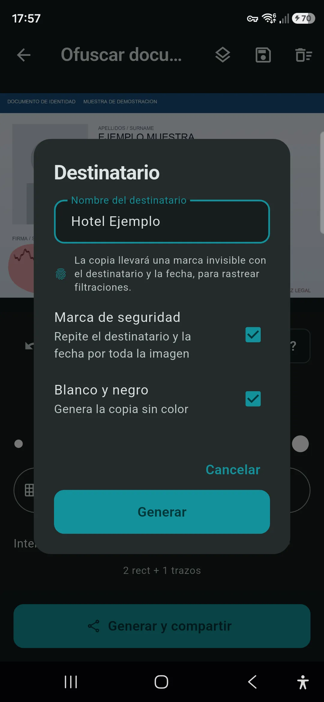 Copia de DNI marcada con el nombre de una entidad para una verificación KYC