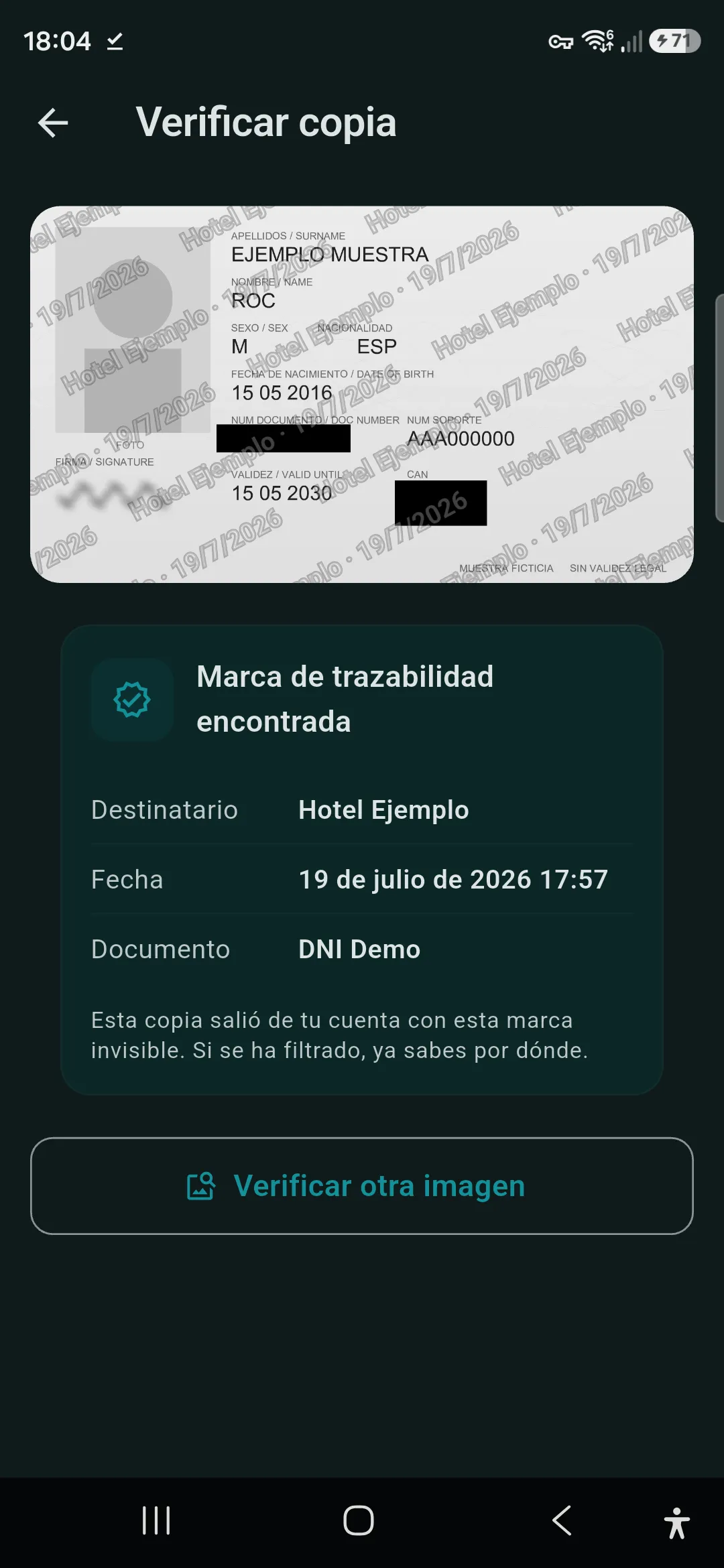 Función Verificar copia de Ofuska mostrando el destinatario de una copia filtrada