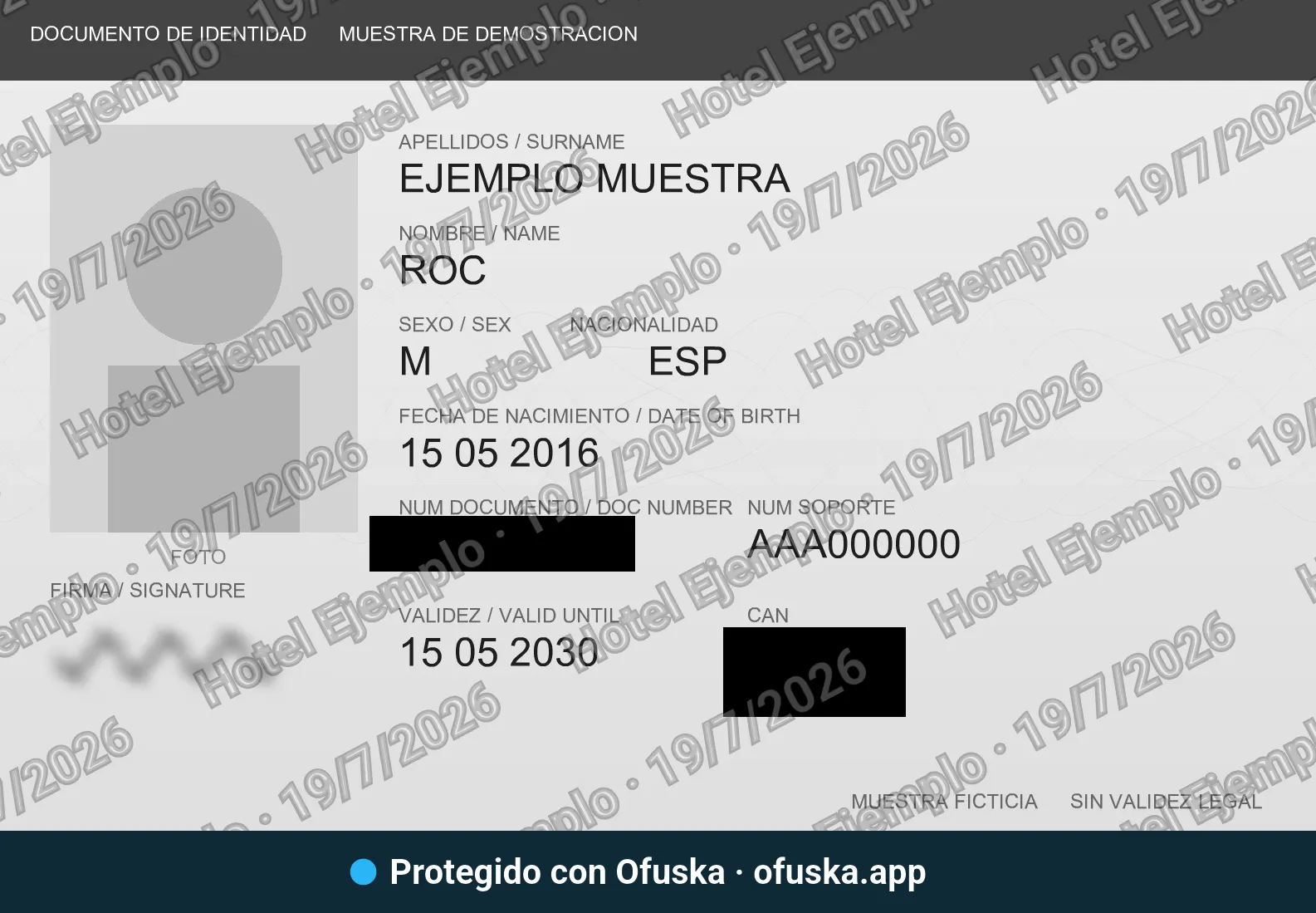 El mateix document amb el número i el CAN tapats en negre, la signatura difuminada, el mosaic amb el destinatari i la data, i la banda d'Ofuska al peu